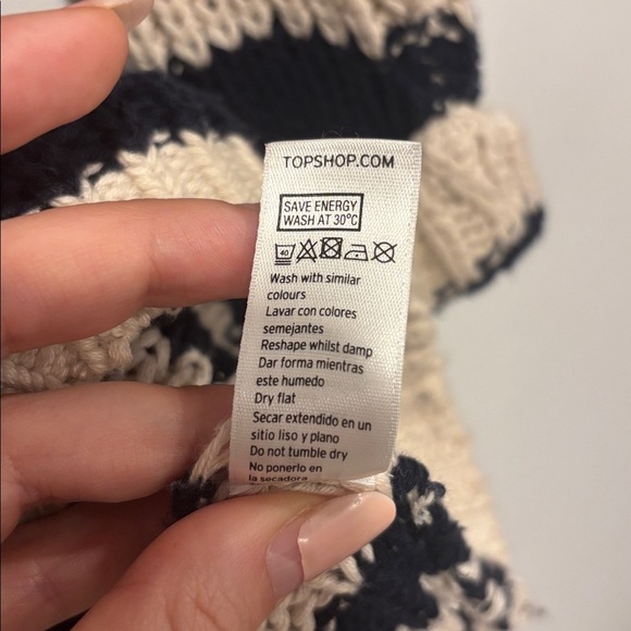 Topshop Off-Shoulder Sweater in Dark Blue and Cream Stripes. 100% Wool. - Picture 11 of 11